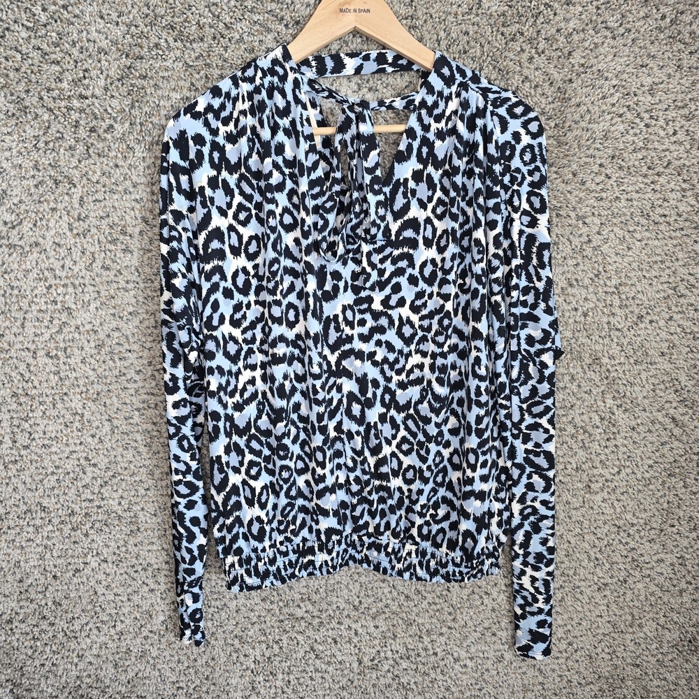 Michael Kors Top Womens Medium Blue Animal Print V Neck Blouse Casual Ladies
